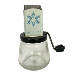Vintage Androck Glass Jar Nut Grinder With Hand Crank & Blue Floral Metal Lid